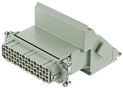 A multi-pin, grey electrical connector with numerous pins, used in electronic devices for signal transmission.