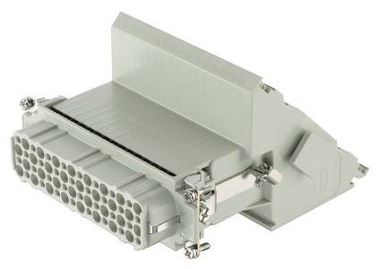 Grey, rectangular electrical connector with multiple connection pins and a lever mechanism for securing.