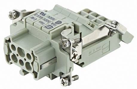 A grey, modular electrical connector with multiple connection points and metal fittings, used for industrial wiring.