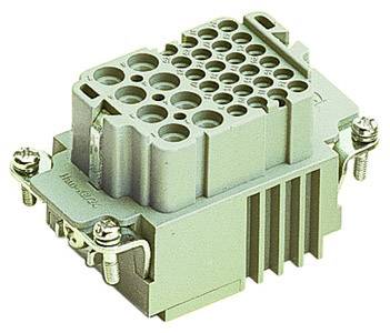 Grey rectangular plug module with multiple round and rectangular connection holes, secured with screws at the corners.