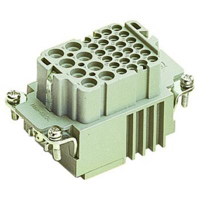 Grey rectangular plug module with multiple round and rectangular connection holes, secured with screws at the corners.