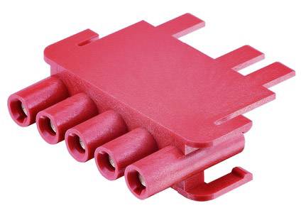 Red electrical socket with four input channels, rectangular mounting plate, and side retaining clips.