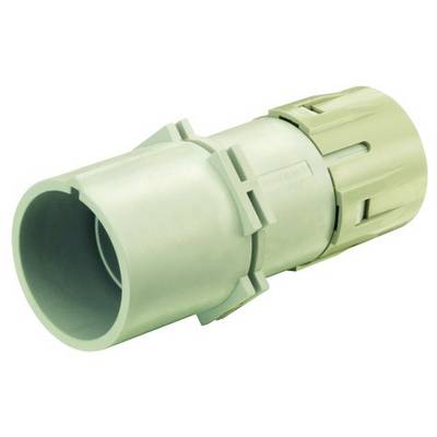 A grey plastic pipe section with a connecting element, potentially a component of a piping system.