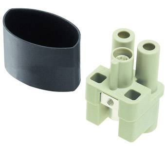 A green electrical plug with two holes and a screw, alongside a black oval cover.