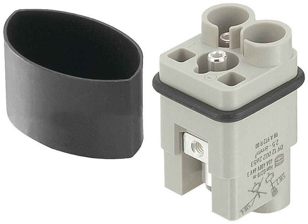 'Plastic installation box with two cable channels and a black cover cap. Labelling and screws visible on top.'