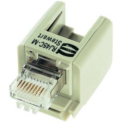 RJ45 network plug, pictured on a white surface. Essential for network connections, especially in LAN setups.