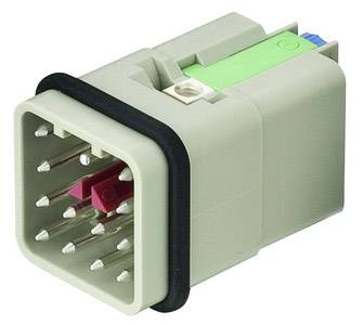 A rectangular grey electrical connector housing with multiple metal pins, a black seal, and coloured inserts.