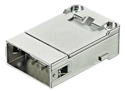 Metallic rectangular connector with multiple pins, suitable for use in electronic devices.
