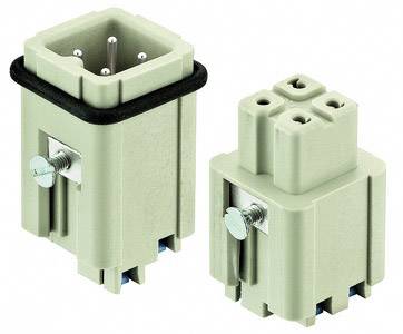 Two grey electrical connectors with metal clips and four to five pins, suitable for industrial applications.
