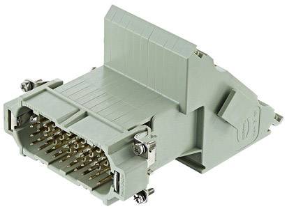 A rectangular electrical connector in grey with multiple gold contacts and side screw connections.