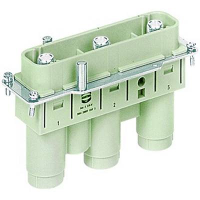 Green plastic connector with three tubular connections and metal mounting bracket, numbered 1 to 3.