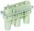 Green plastic connector with three tubular connections and metal mounting bracket, numbered 1 to 3.