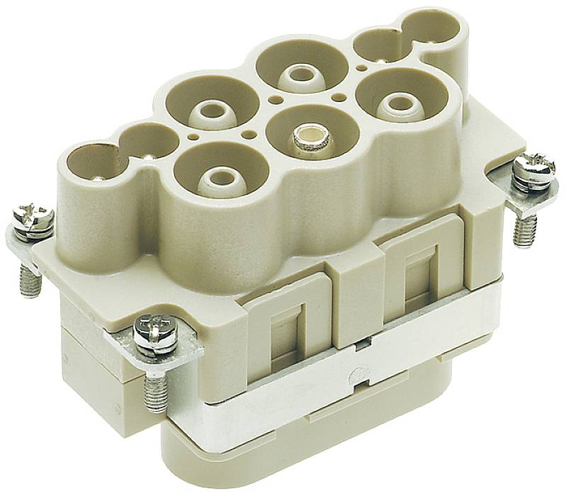 An industrial connector with multiple round and rectangular terminals, secured with screws on the sides.