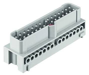 Grey electrical connector with multiple pin contacts in two rows, suitable for industrial applications.