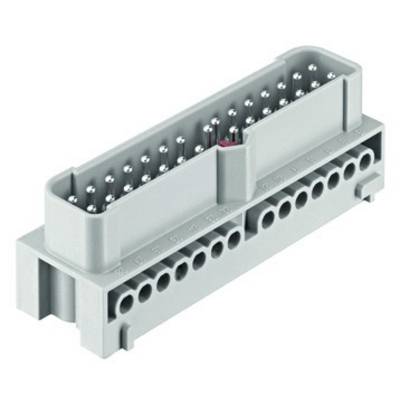 Grey electrical connector with multiple pin contacts in two rows, suitable for industrial applications.