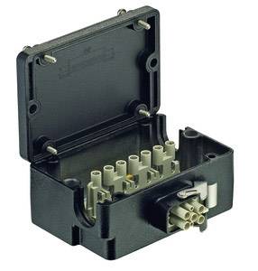 A black, open electrical junction box with multiple connection points inside, used for connecting cables.