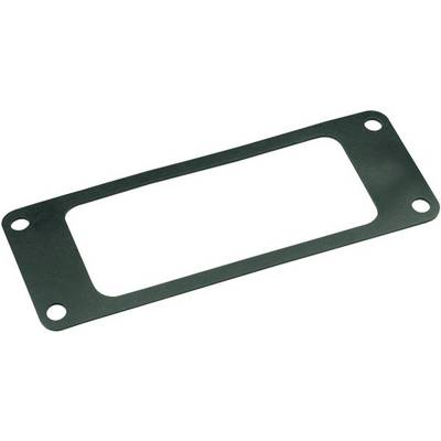 A rectangular, flat, black metal sheet with four holes at the corners, possibly a gasket or mounting bracket.