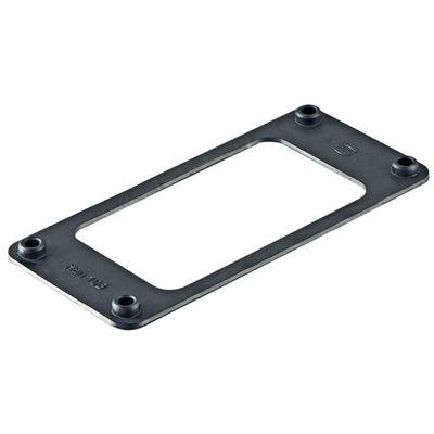 Rectangular metal plate with rounded corners and four screw holes at the corners. A large rectangular hole is located in the centre.