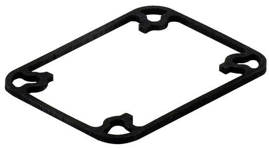 Rectangular black rubber seal with rounded corners and holes for fixing at the four corners.