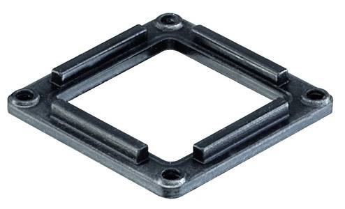Metal square mounting bracket with four holes at the corners, suitable for fixing to a surface.