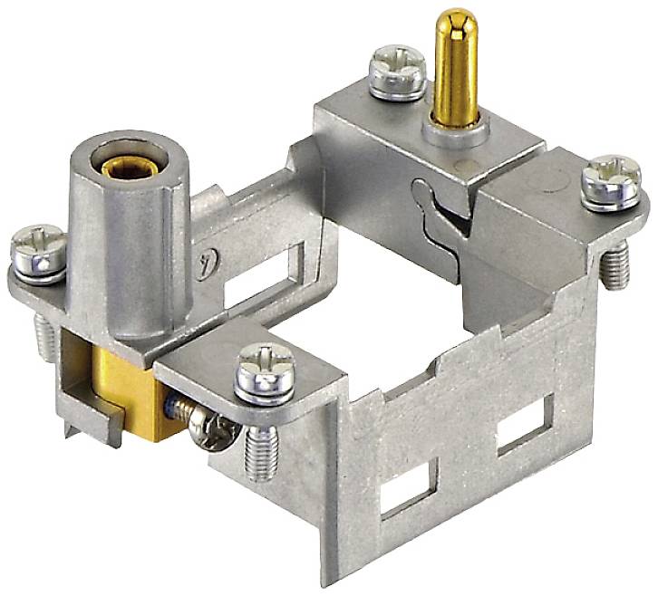 A metal frame with attached screws and a golden connection, likely part of an electrical circuit or device.