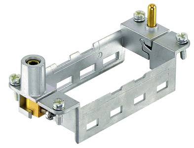 A rectangular metal frame with holes, screws, and a protruding bolt in the top right corner. Used for electrical mounting.