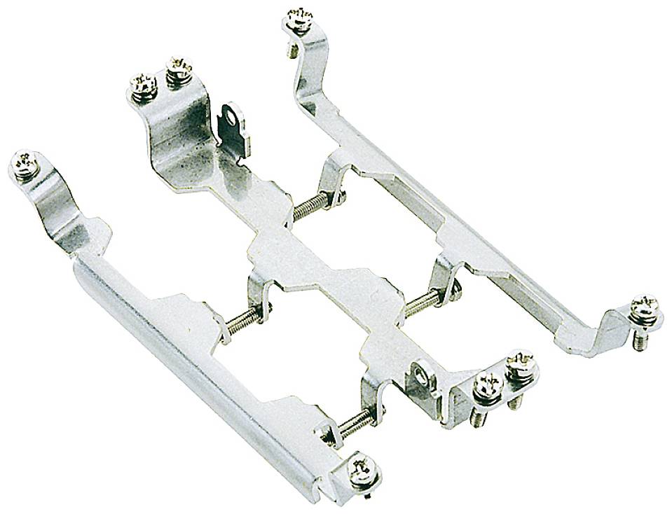 Metal mounting bracket with screws, likely for securing hardware components, on a white background.