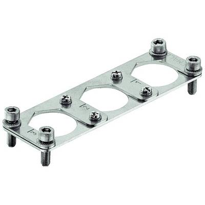 Metal plate with six screws and three round openings in the centre. It is likely used for securing or connecting components.