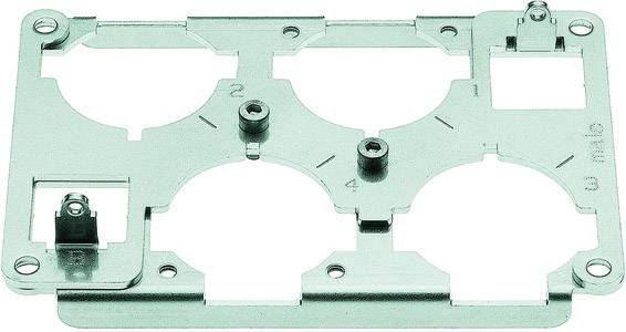 Metal frame with multiple round apertures and mounting elements for electronic components.