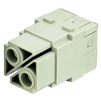 A grey, rectangular plug connector with two openings and several rectangular protrusions on the top surface.