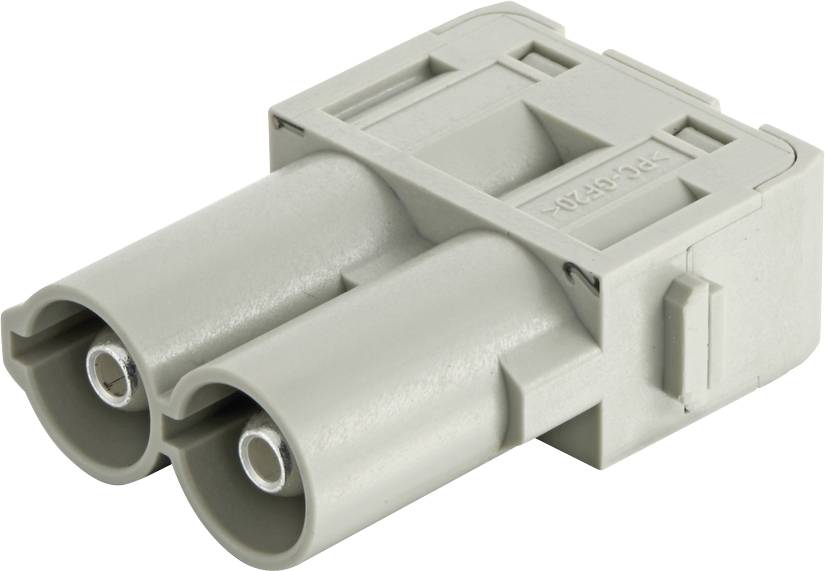 A grey, rectangular electrical connector with two round socket openings.