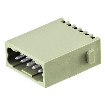 Green plastic plug with multiple metal pins on a white background. Suitable for electronic connections and socket connections.