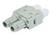 A grey, rectangular connector with two round socket ports and two white tips for connecting electronic components.