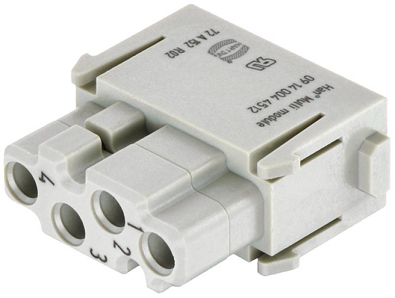 A grey electrical connector housing with four numbered terminals. It is made of plastic and has technical printing.