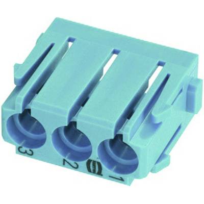 Blue three-pole connector with numbered terminals 1, 2, 3, symmetrically designed, for electrical connection.