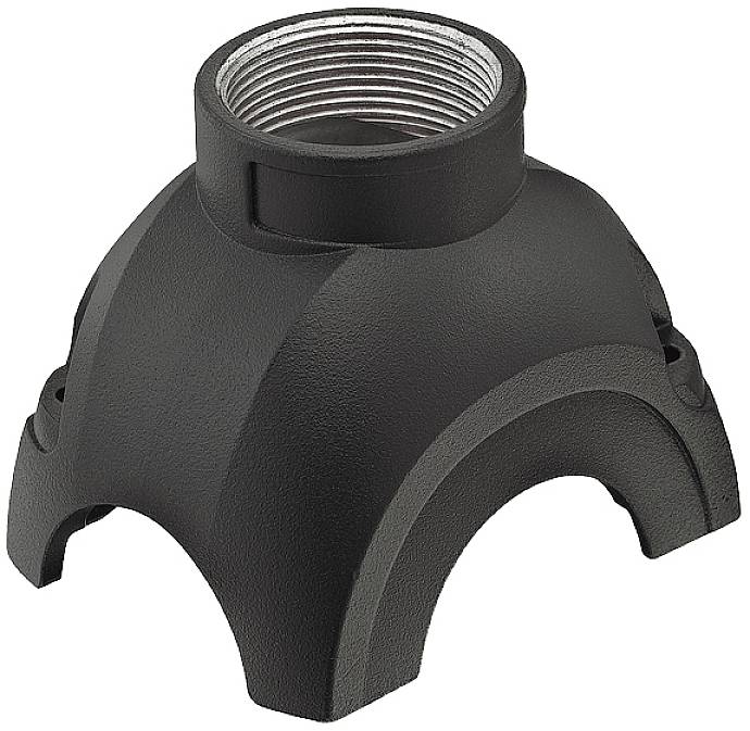 Black, curved metal component with a threaded socket at the top, likely part of a mechanical or industrial device.