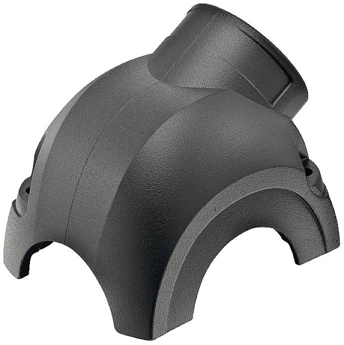 A three-part, curved component made of black plastic, possibly a pipe connector or housing part, on a white background.