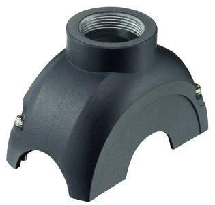 A black, four-part metal connecting piece with screw holes. It has an opening with internal threading at the top.