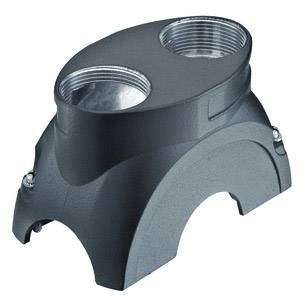 A grey pipe connector with two round openings for cable management and mounting on walls or ceilings.