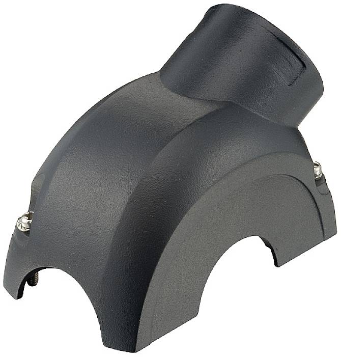 Black, curved plastic casing with two screws, potentially part of a connecting piece or adapter.