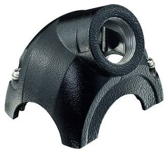 Metal component with multiple screw connections and threaded aperture, potentially part of a mechanical system or housing.