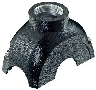 A black metal adapter with a curved surface and threaded opening at the top, likely for pipe connections.