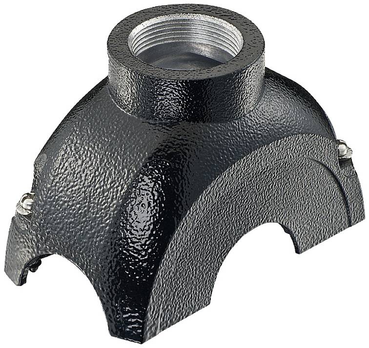 Black, metallic pipe connector with three equally sized openings and screws for fastening.
