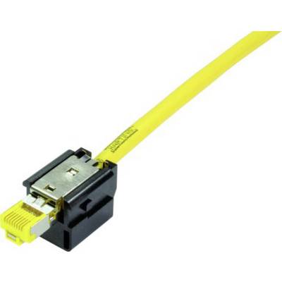 Yellow network cable with black plug, shown in close-up, suitable for use in Ethernet connections.