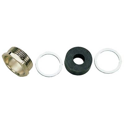 Four parts of a drain trap are laid side by side on a white background: a threaded connection, two seals, and a rubber adapter.