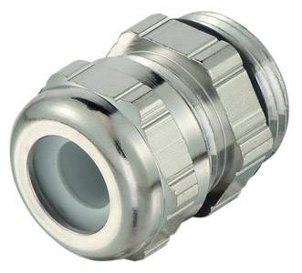 Metal cable gland with thread, cylindrical body and seal, suitable for securing cables in devices.
