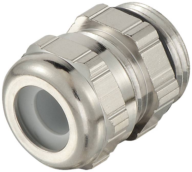A metal cable gland, cylindrical with a ribbed surface, is used for securely fixing and sealing cables.