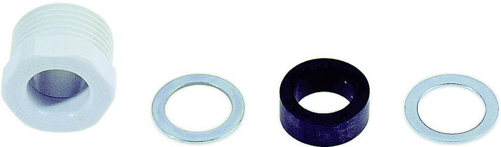 A white cable gland insert, two silver sealing rings, and a black plastic ring, on a white background.