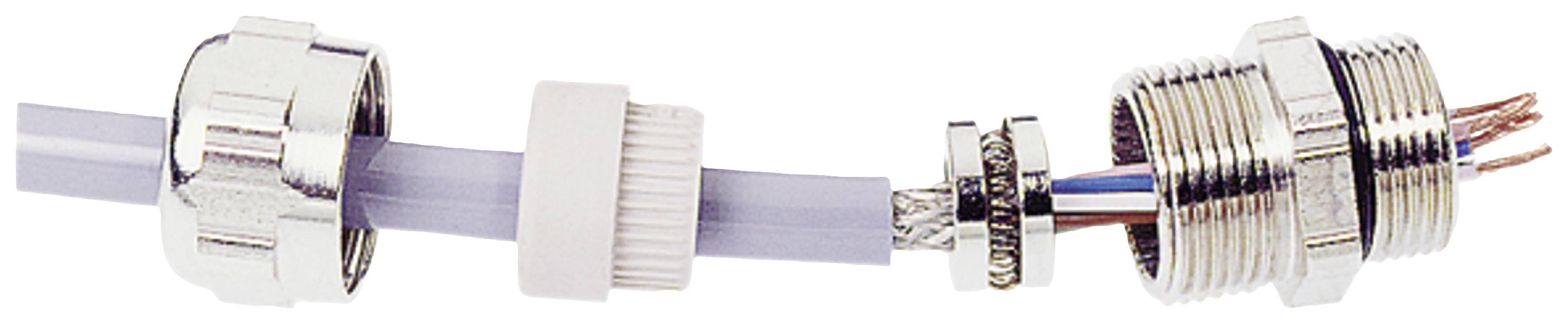 A cable is being pulled through a metal plug that has been dismantled into individual components. Copper wires are visible at the end of the cable.