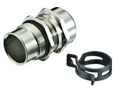 Metal cable gland with plastic clamp for fastening. Suitable for industrial applications.